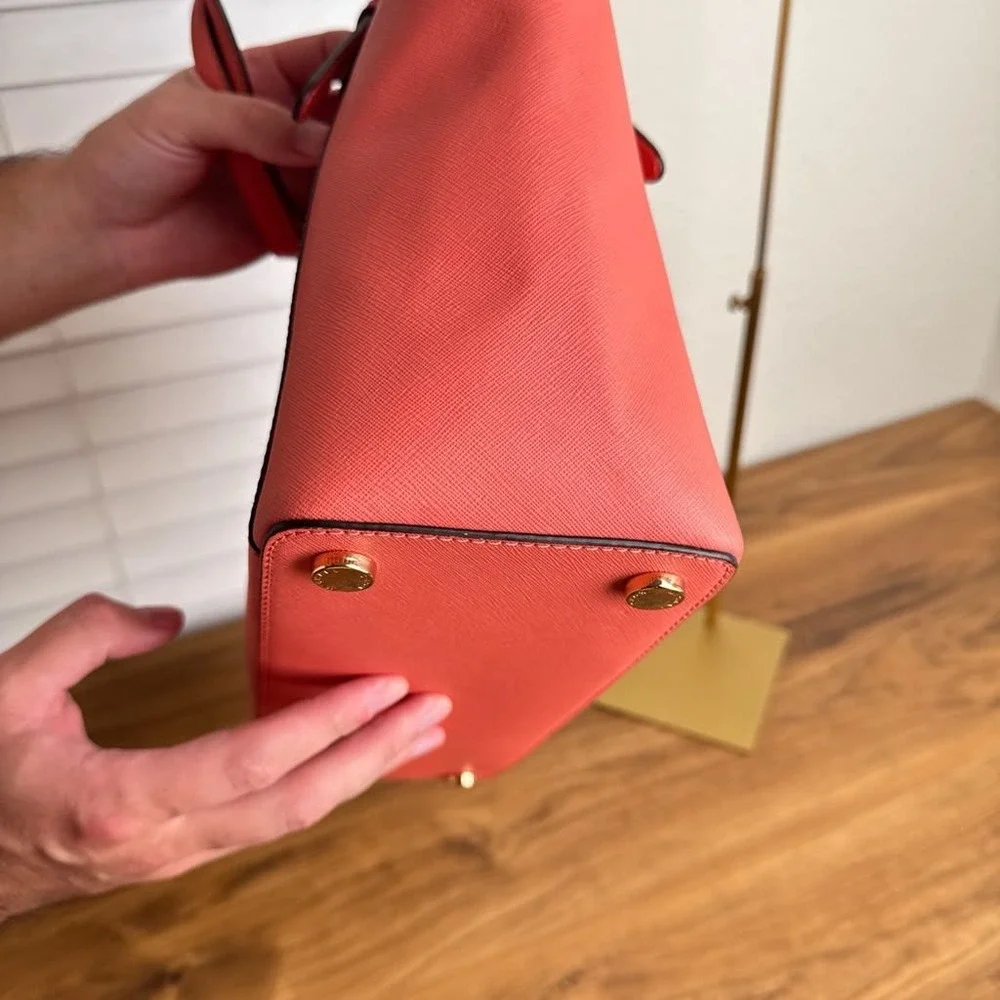 Michael Kors Ciara Large East West Top Zip Tote Saffiano Leather Coral Pink